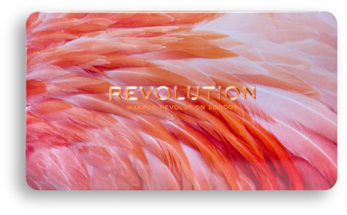 Meikkipalette aprikoosi- ja vaaleanpunaisilla sävyillä, kullanvärinen teksti sanoo "REVOLUTION" ja "MAKEUP REVOLUTION LONDON."