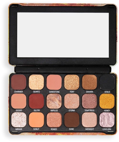 Eine Make-up-Palette mit 18 verschiedenen bunten Lidschatten, alle benannt, in einer schwarzen Dose mit Spiegel.
