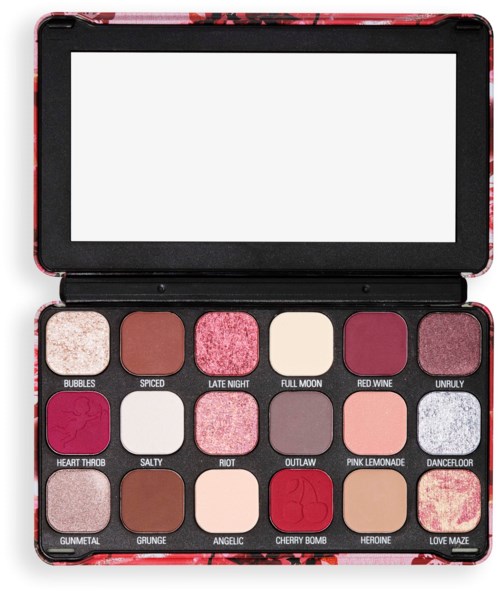 Een kleurrijk oogschaduwpalette met 16 tinten en spiegel binnen deksel.