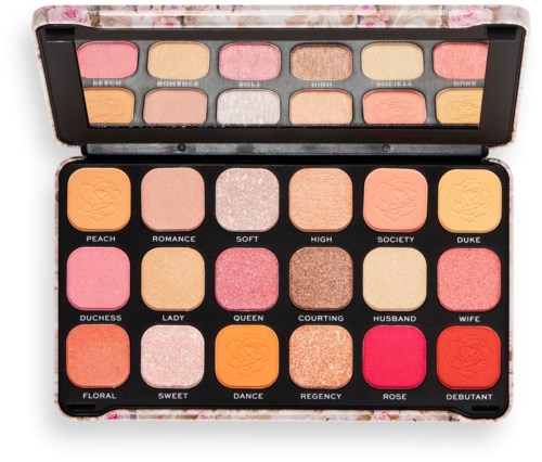 En sminkpalett med ulike rosa, orange, brune og nøytrale øyeskygger og blush, merket med navn som Queen og Duchess.