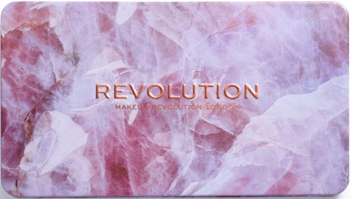 Paleta makijażu z marmurowym wzorem w odcieniach różu i fioletu, z napisem "REVOLUTION" i "MAKEUP REVOLUTION LONDON" w kolorze miedzi.