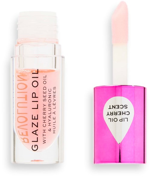 Lip gloss with cherry scent or flavor, includes applicator with pink top, in clear and pink packaging.