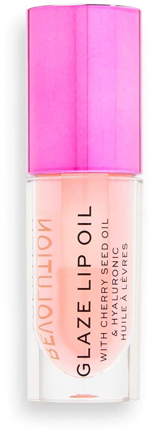 A lip oil bottle with a pink cap and a light-colored fluid inside. The label is pink and beige with text.