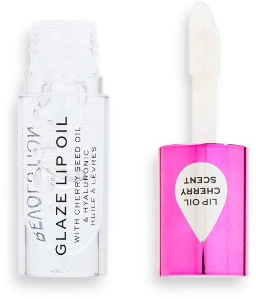 Lip gloss oil in a clear tube with a white applicator, pink packaging, and black text.