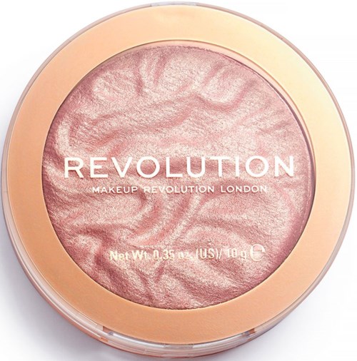 Roze glanzende highlighter in een ronde perzikkleurige container met witte tekst.