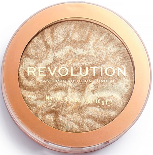 Rond makeupproduct met een beige en gouden gemarmerde poeder erin, gelabeld 'Revolution' uit Londen.