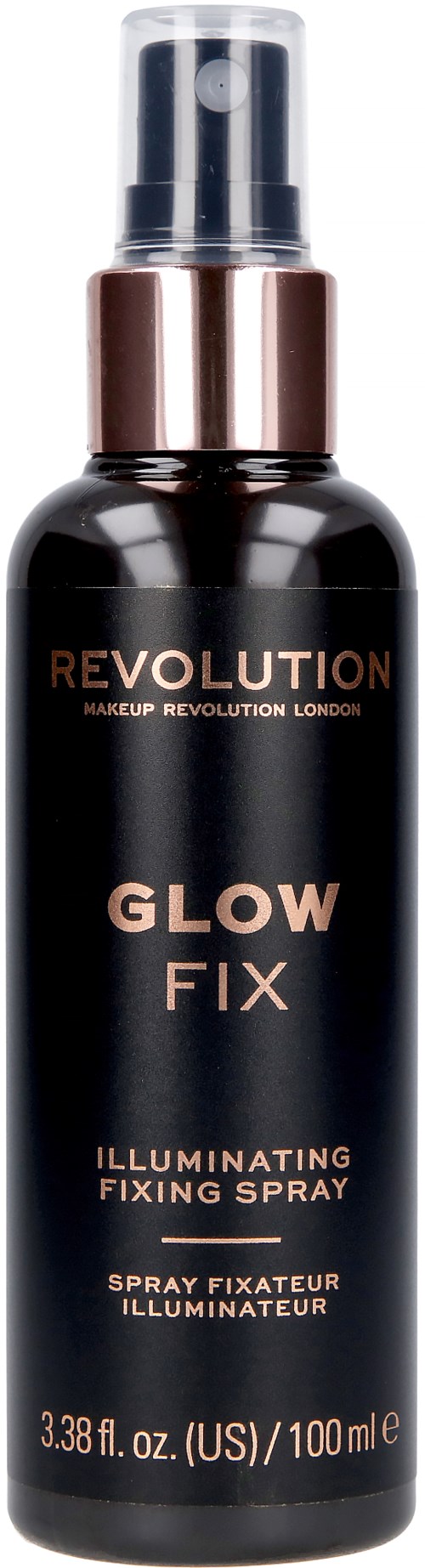 Een zwarte sprayspuitflacon met een metalen dop, gelabeld 'Glow Fix' en 'Illuminating Fixing Spray'.