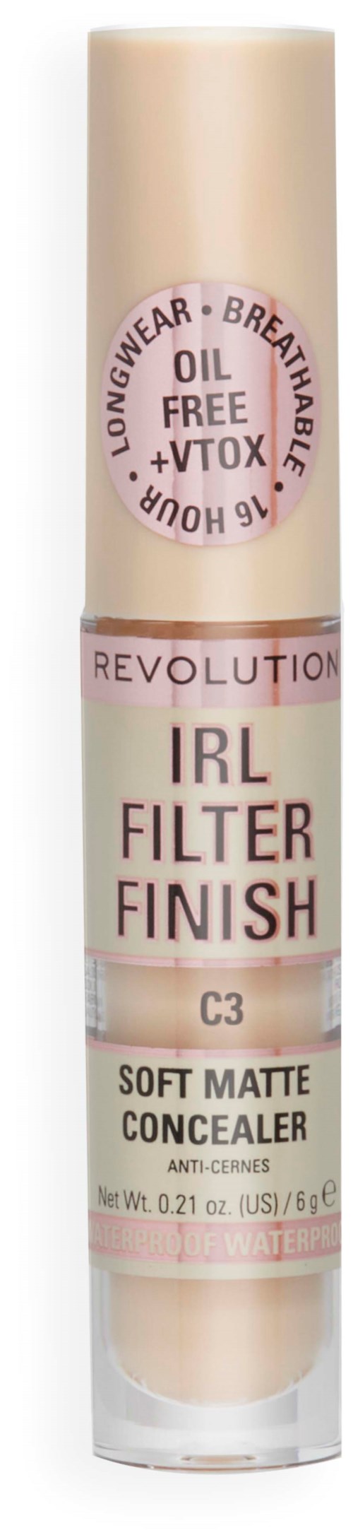 Een beige stick met tekst over langdurige, ademende, olie-vrije en verstoppingsvrije make-up. Het is gemarkeerd als concealer.