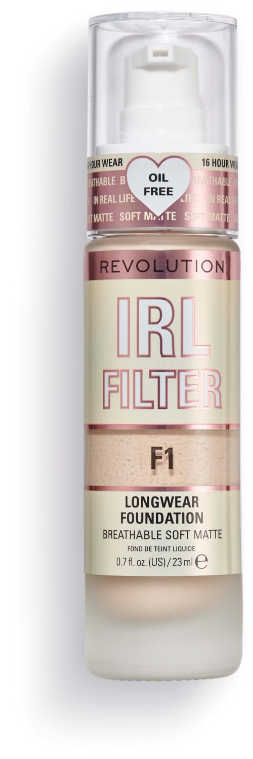 En flaska av Revolution IRL Filter Longwear Foundation med pump, märkt som oljefri, andningsbar, mjuk matt.