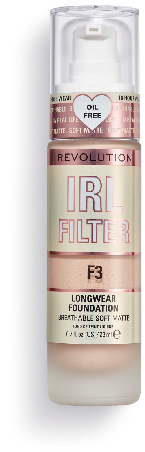 En pumpflaska med Revolution IRL Filter Longwear Foundation med SPF, oljefri, andningsbar, mjuk mat textur, 23 ml.