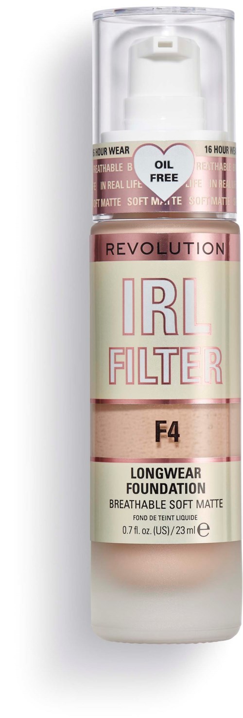 Een foundationfles met pomp, gelabeld "IRL FILTER F4," zegt langdurig en ademend, matte afwerking, olie-vrij.