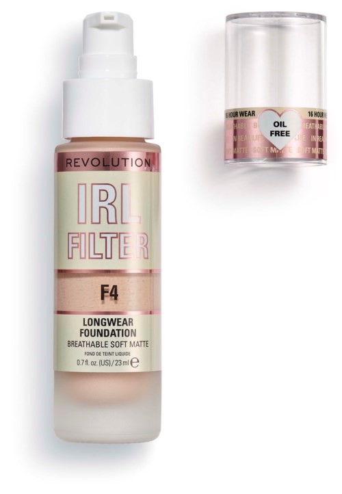 Een foundationfles met label 'IRL Filter F4 Longwear Foundation Breathable Soft Matte' en een doorzichtig deksel ernaast.