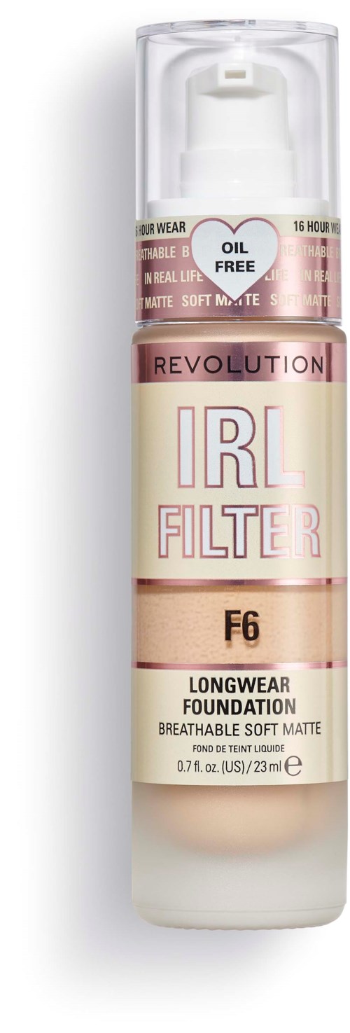 Een fles Revolution IRL Filter foundation met langdurige, zachte matte afwerking, SPF 16, olie-vrij en ademend.