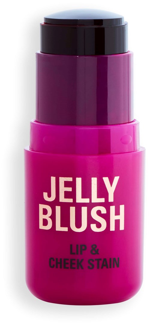Een roze container met 'Jelly Blush' erop voor lippen en wangen, met een zwarte deksel.