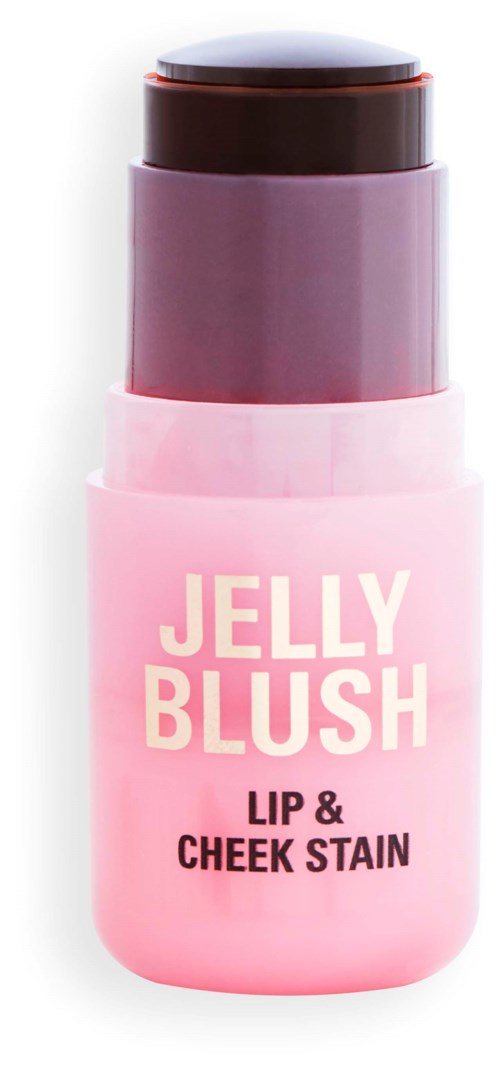 Een roze container met 'Jelly Blush' voor lippen en wangen, met lagen en een donkere bovenkant. Eenvoudig ontwerp.