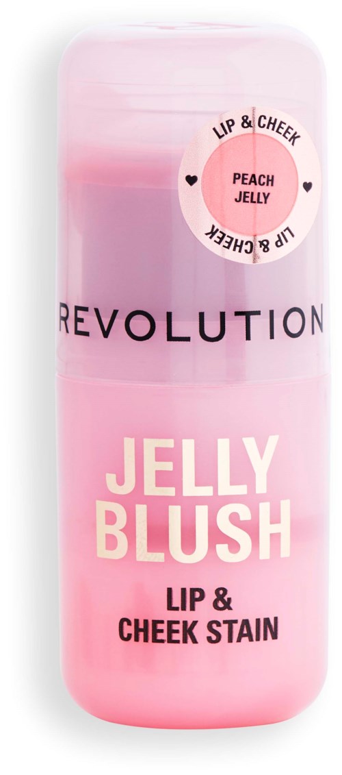 Een roze flesje met 'Jelly Blush' voor lippen en wangen met perzikgelei geur. Simpel ontwerp, voornamelijk roze en wit.