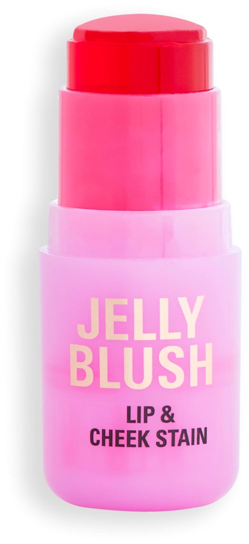 A pink container labelled 'Jelly Blush' for lips and cheeks, with two shades of pink blush inside.