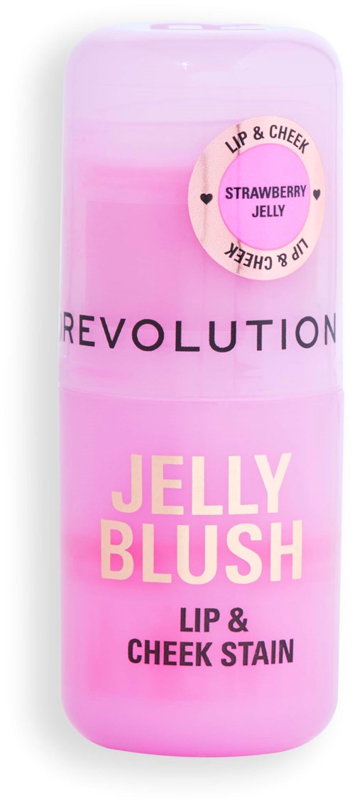 Pink bottle of Revolution Jelly Blush for lips and cheeks, with strawberry jelly scent and stain, featuring a pink round label.