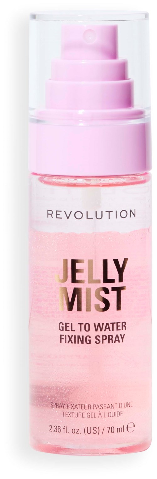 Een roze fles met een pomp, gelabeld 'Revolution Jelly Mist', gebruikt voor het fixeren van make-up met gel-op-water spray.