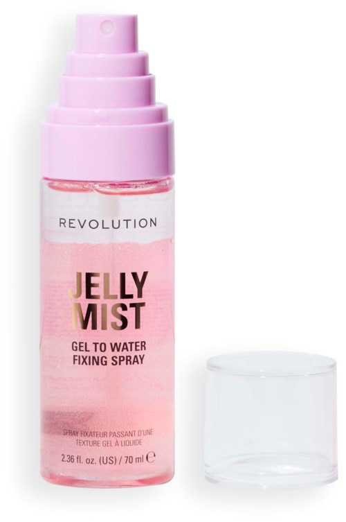 Een roze fles met label 'Revolution Jelly Mist', met sproeikop en een doorzichtige dop ernaast.