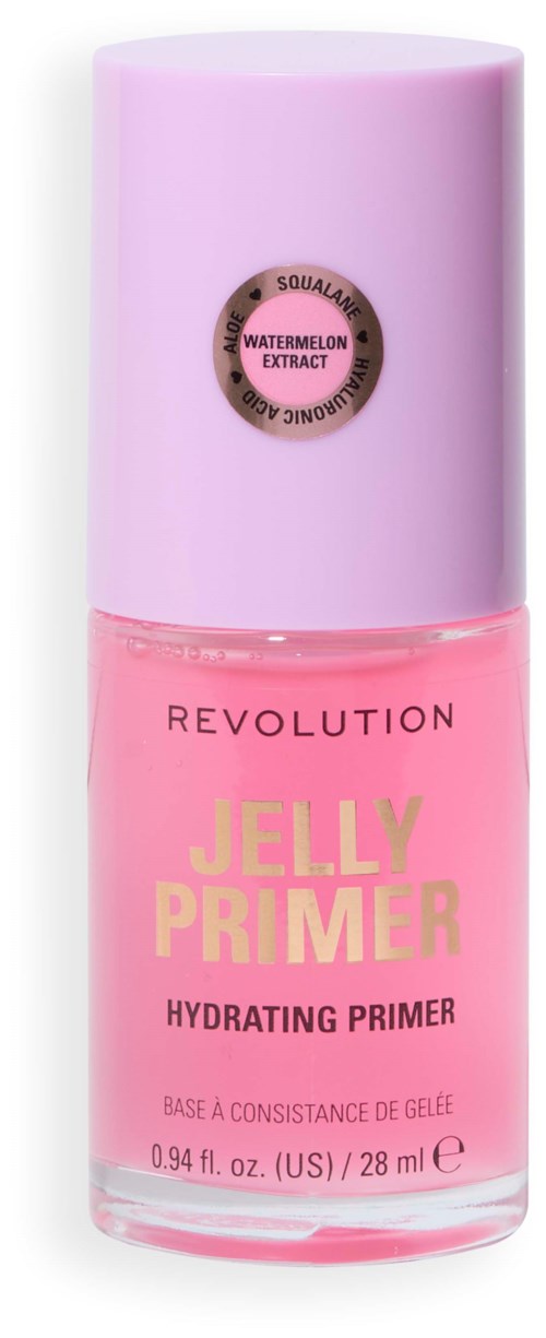 Roze fles met lila dop, gelabeld 'Jelly Primer,' hydraterende primer met watermeloen extract.