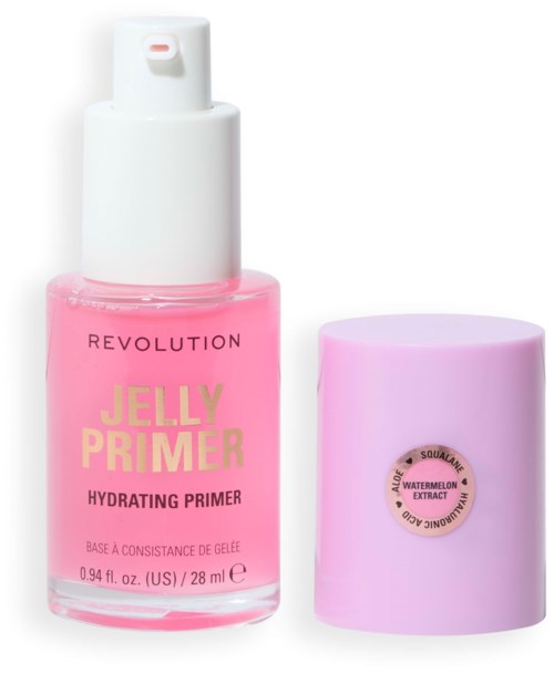 Roze fles met gele en zwarte tekst, gelabeld 'Jelly Primer Hydrating Primer' en een paarse dop.