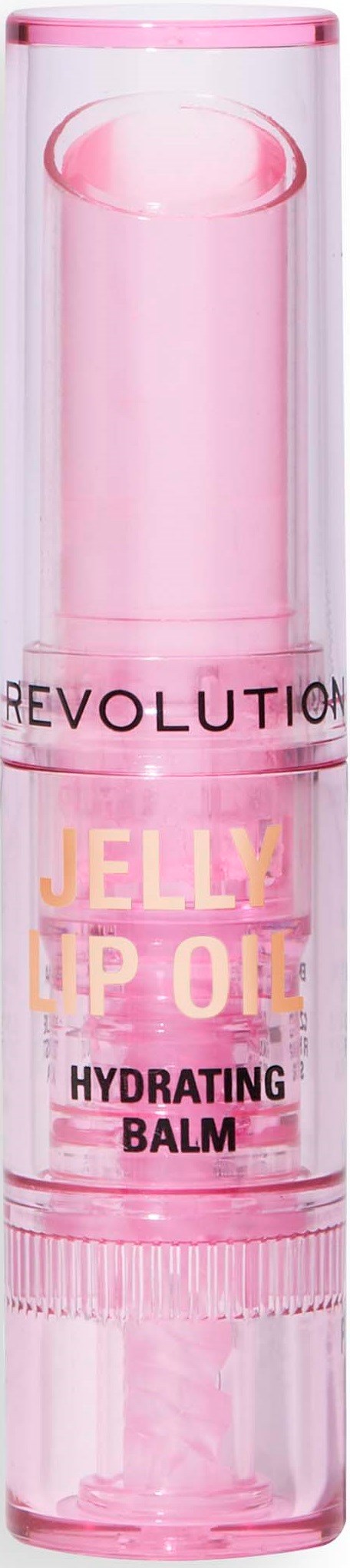 A pink lip balm stick labeled Revolution Jelly Lip Oil Hydrating Balm, standing upright against a black background.
