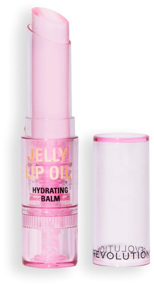 A pink hydrating balm stick with a clear cap, labeled "Jelly Lip Oil," meant for moisturizing lips.