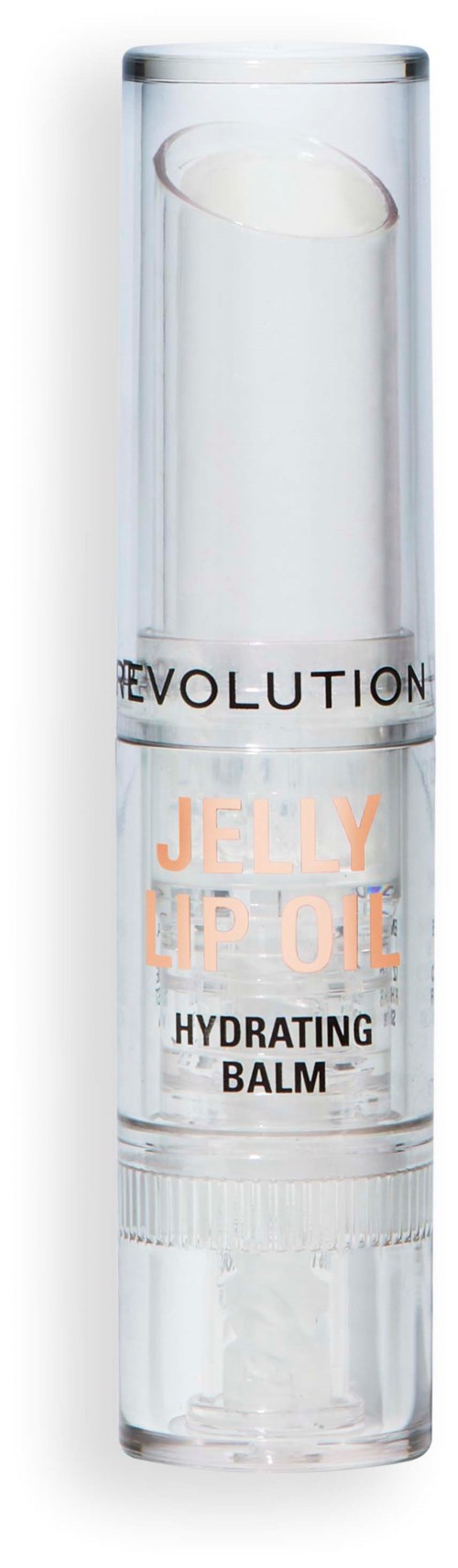 A clear tube with a white cap, labeled 'Revolution Jelly Lip Oil Hydrating Balm' in black and orange text.
