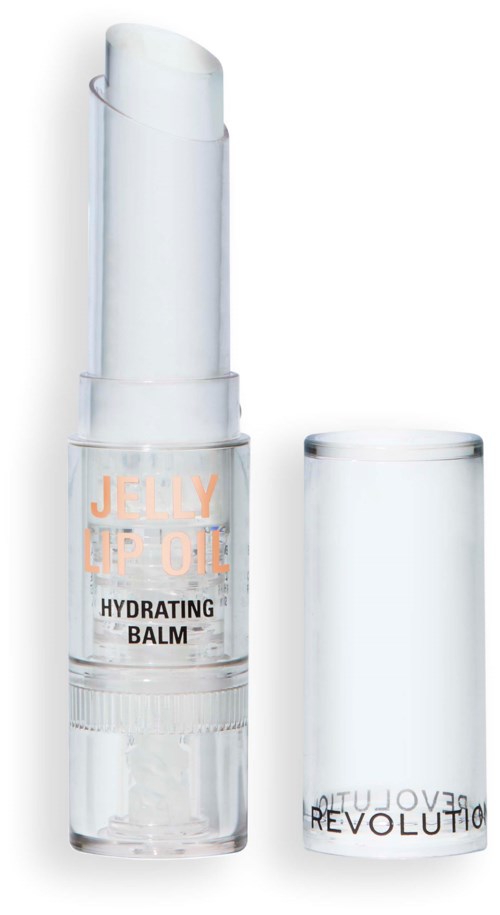 A clear lip balm stick with an orange and black label. The cap is off, showing the balm inside. The product is a hydrating lip balm.