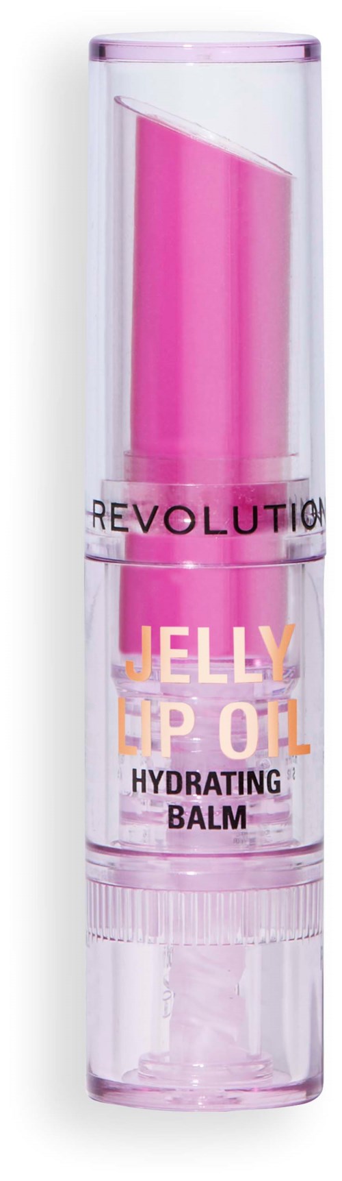 Roze lippenbalsem in doorzichtige container met het label Jelly Lip Oil Hydrating Balm door Revolution.