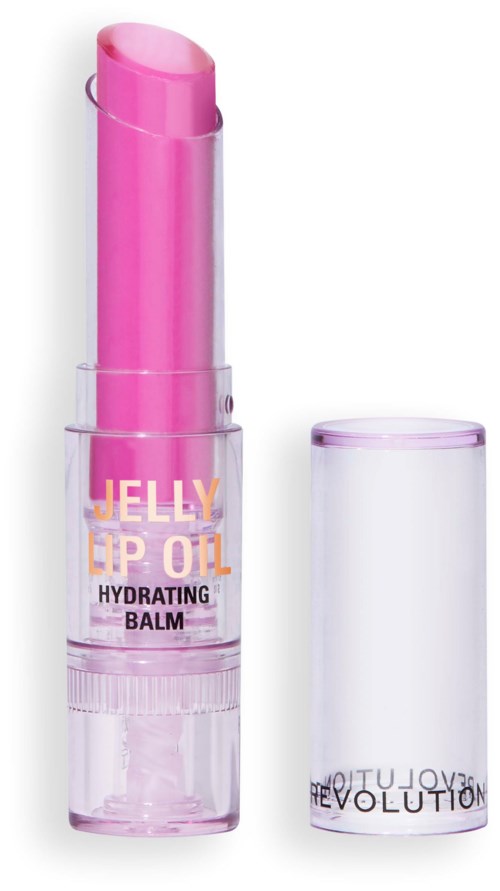 Roze lippenbalsemstick met een doorschijnende dop en label die zegt "Jelly Lip Oil Hydrating Balm."