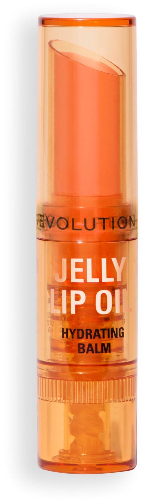 A lip balm tube labeled "Jelly Lip Oil" in orange, with a transparent cap showing the oil inside.