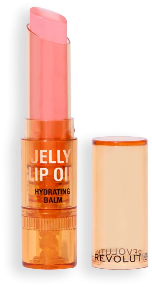 A coral-colored lip balm with a transparent casing and a matching cap with brand writing.