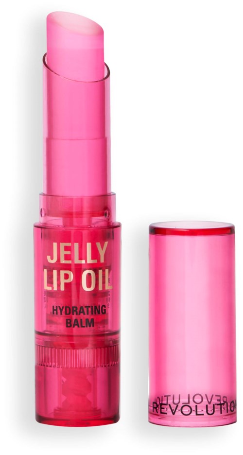 Pink lip balm with a container labeled "Jelly Lip Oil". The cap is off, showing the balm inside.