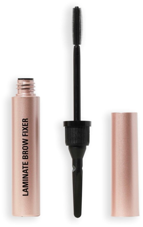 Wenkbrauwgel met een applicatorborstel en dop, gelabeld "Laminated Brow Fixer."