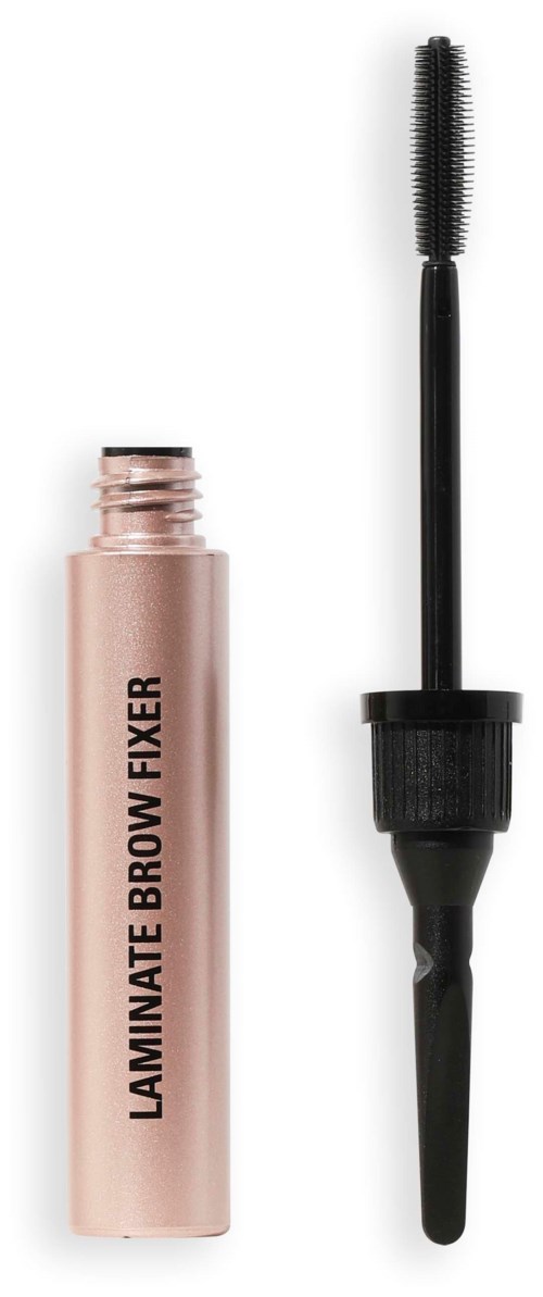 Cosmetische tube met 'Laminating Brow Fixer' met applicatorborstel ernaast.