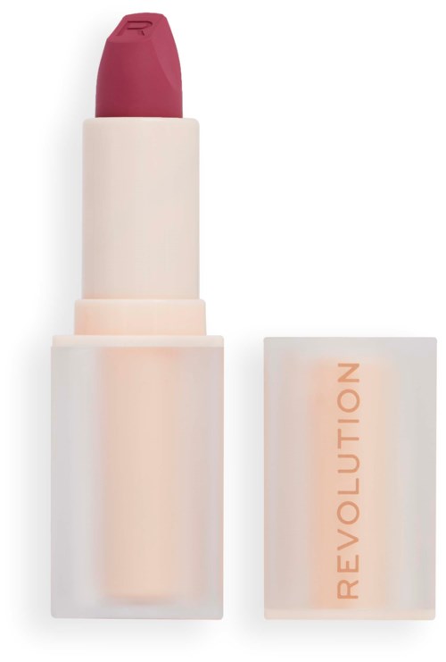 Ein Lippenstift mit einem hellrosa Gehäuse und einem hellrosa Spitzen, beschriftet 'REVOLUTION'.