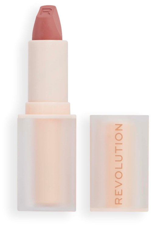Ein Lippenstift mit hellrosa Gehäuse und dunklerer rosa Spitze. Der Deckel ist weiß mit dem Wort "REVOLUTION" in rosa.