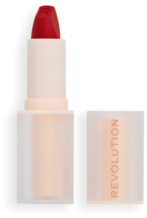 Ein Lippenstift mit roter Spitze und weißem Körper. Es hat einen Deckel mit dem Wort 'REVOLUTION'.
