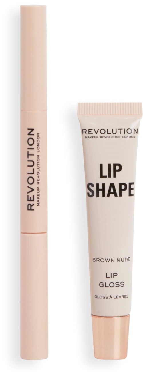 Twee lipproducten van Revolution, een is een lipgloss en de andere een lipvormstift in nude bruin.