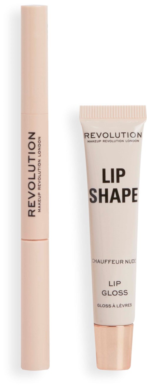Two makeup products: a lip gloss and a lip shape balm with simple beige packaging.