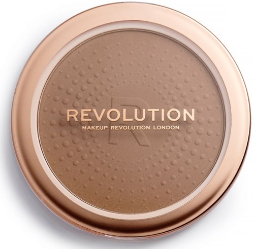Een ronde make-upcompact met een beige deksel, met de woorden "REVOLUTION" en "MAKEUP REVOLUTION LONDON."