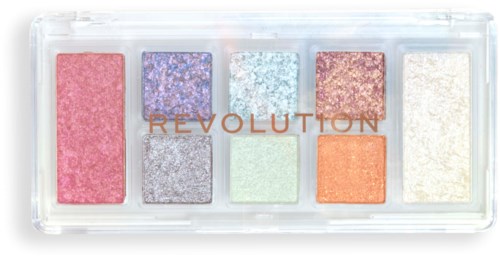 Colorful eyeshadow palette with eight shades, including pink, purple, blue, silver, green, orange, and beige.
