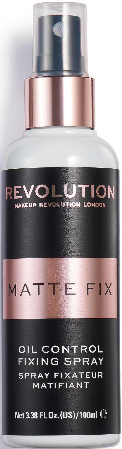 Een witte sprayfles met zwarte en roze labels, genaamd Revolution Matte Fix, oliecontrole fixing spray.