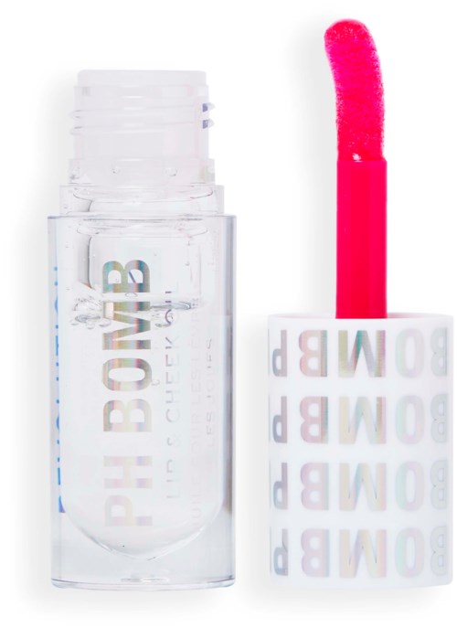Een doorzichtige lipglossfles met een roze applicatorstaaf erin en het woord "BOMBE" afgedrukt op de dop.