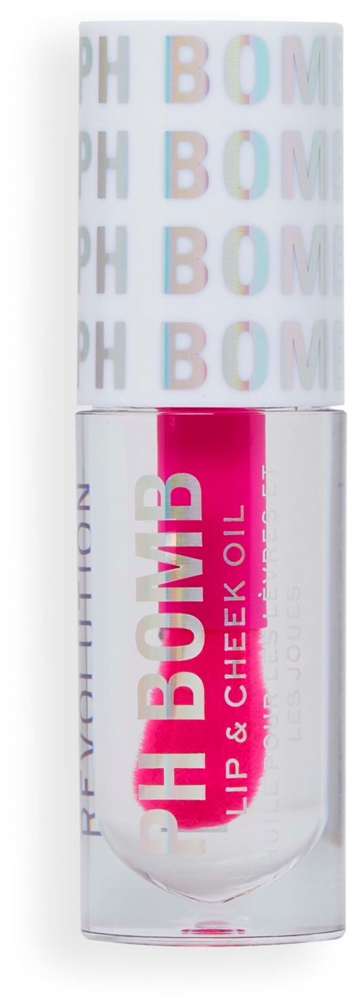 Een heldere fles met roze en witte label voor lip- en wangolie, met een glanzende witte dop met 'BOM' herhaald.