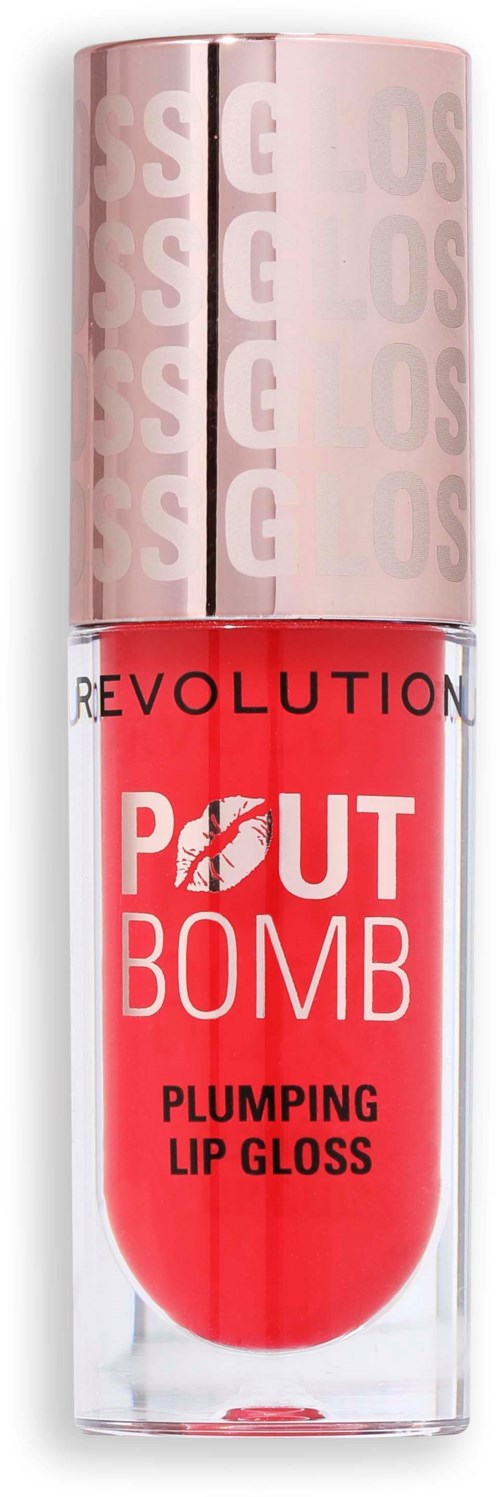 Lippenpflegestift mit rosa und rotem Design, beschriftet 'Revolution Put Bomb Plumping Lip Gloss.'