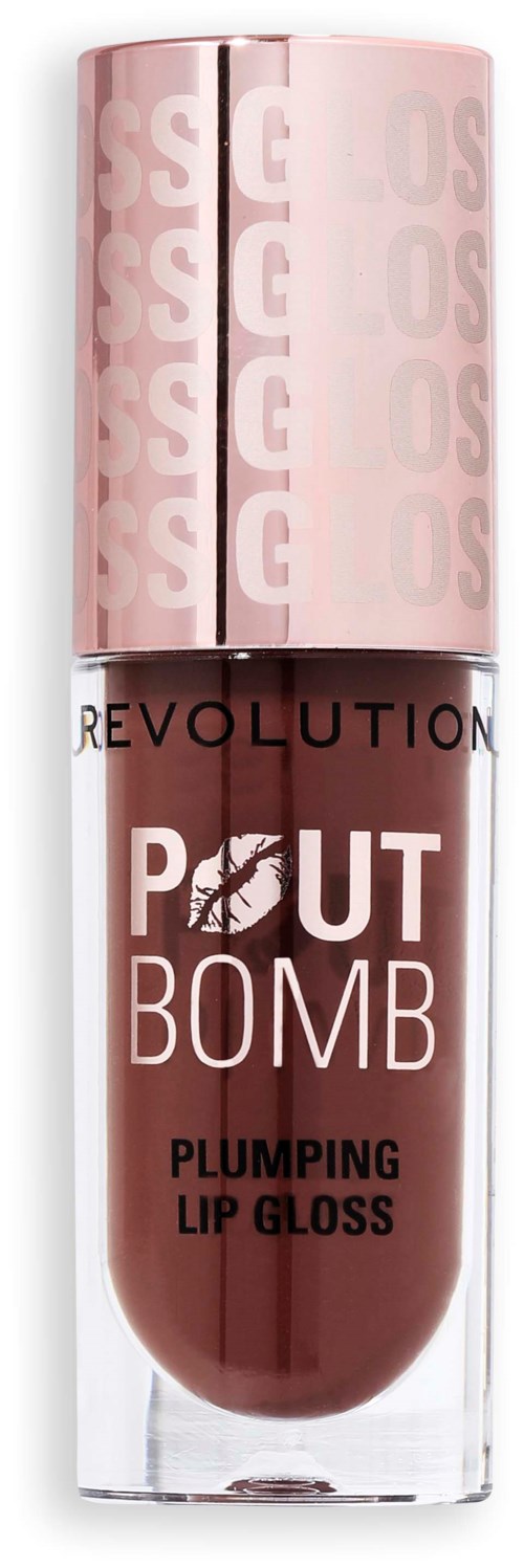 Ein Lipgloss-Röhrchen mit rosa Deckel, transparenter Körper zeigt dunklen Braun-Gloss und fetten weißen und schwarzen Text.