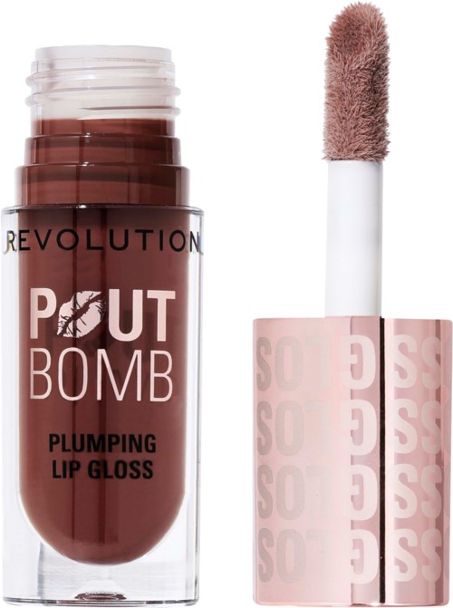 Lippenstift in einer transparenten Tube mit rosa Deckel und weichem Applikator, gekennzeichnet 'Revolution Pout Bomb'.